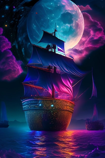 Um navio mágico a navegar com a lua cheia na noite.