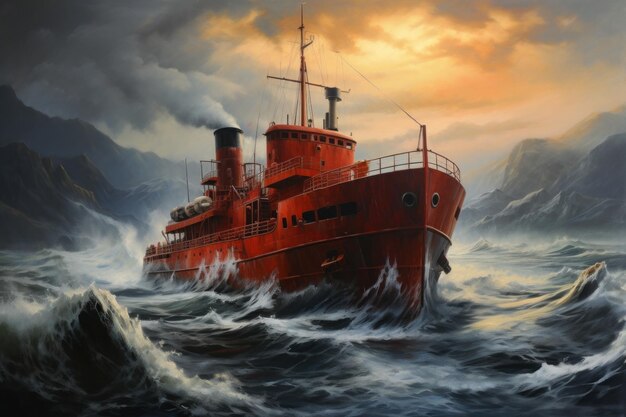 Um navio majestoso navegando em mares tempestuosos