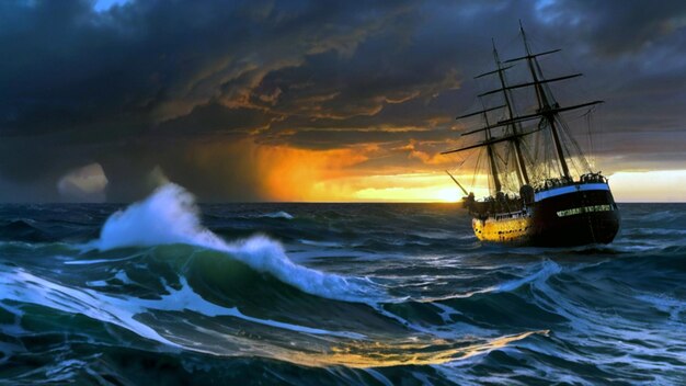 um navio na água com um pôr-do-sol no fundo