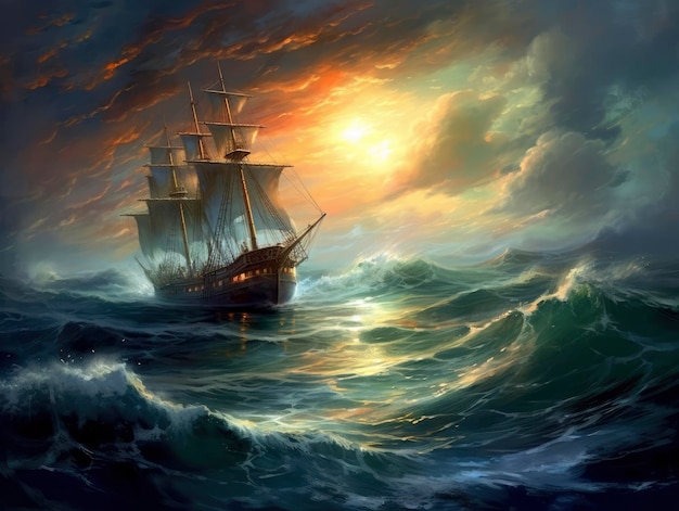 Um navio na tempestade ao pôr do sol