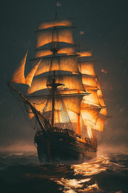 Um navio na tempestade com as luzes acesas