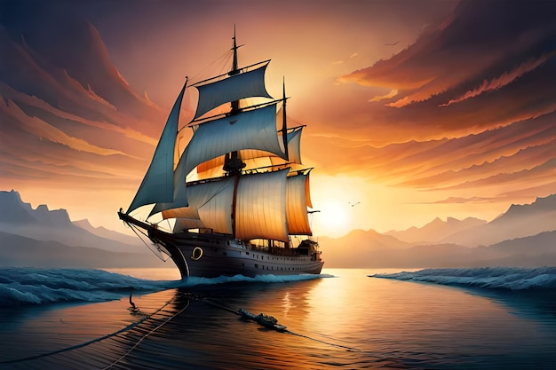 Um navio no mar com um pôr do sol ao fundo