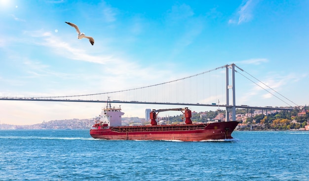 Um navio no mar de Mármara e a ponte de Bósforo Istambul