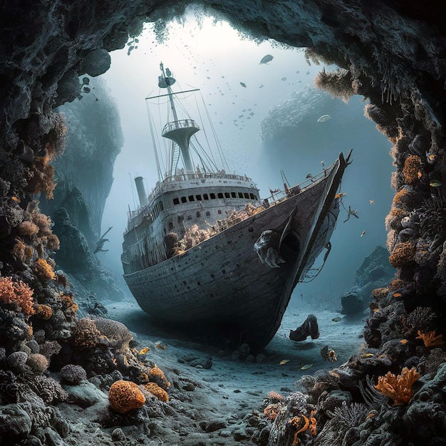 um navio numa caverna com o nome do mar