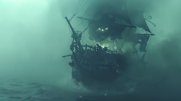 Foto um navio pirata escuro e misterioso navega através de um denso nevoeiro o navio é tripulado por uma tripulação esqueleto e é capitaneado por uma figura fantasmal