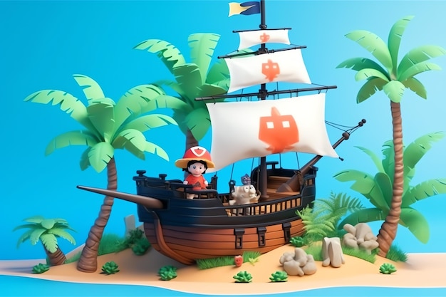 Um navio pirata está em uma ilha tropical com palmeiras e um céu azul.