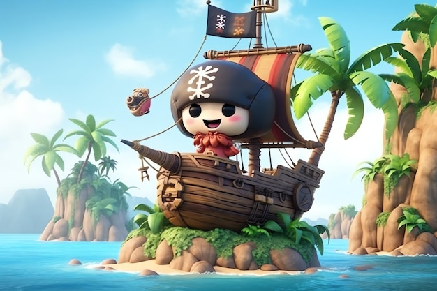 Um navio pirata está em uma pequena ilha com palmeiras ao fundo.