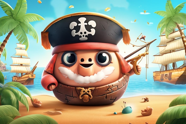 Um navio pirata está na praia e o navio pirata está na areia.