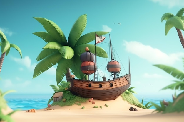 Um navio pirata fica em uma pequena ilha com palmeiras ao fundo.