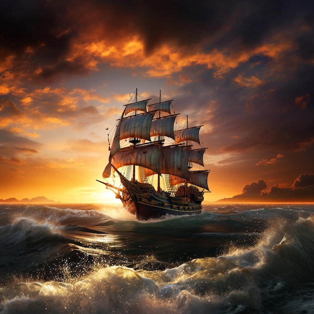 Um navio pirata no oceano