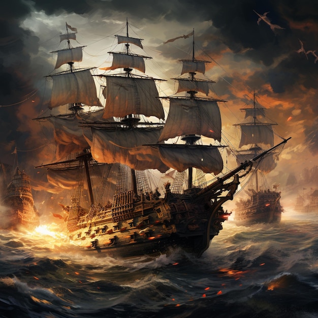 Um navio pirata no oceano