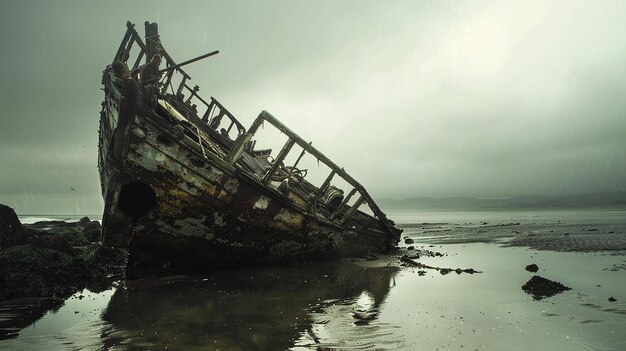 Um navio que naufragou na praia.