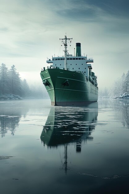 Foto um navio verde está flutuando na água com as palavras navio no lado