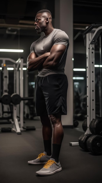 Um negro forte está admirando seus músculos na IA generativa da academia