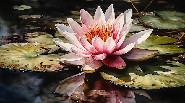 Um nenúfar em uma lagoa com uma flor rosa.