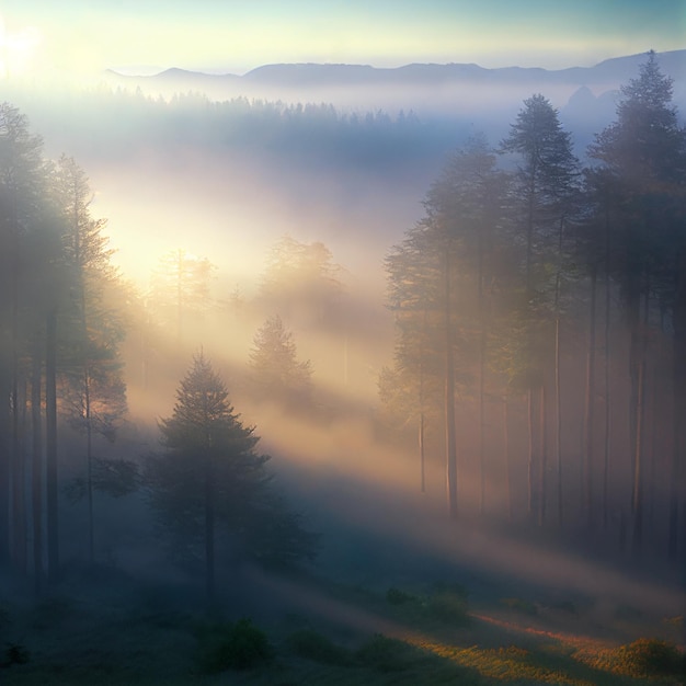 Foto um nevoeiro etéreo serpenteia através de uma floresta nebulosa banhada nos primeiros raios dourados da luz do sol matinal.