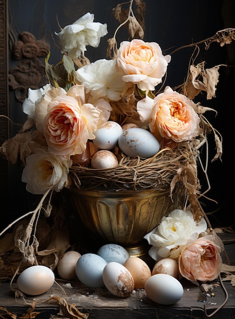 Um ninho de ovos com outros itens em cima Uma cesta cheia de ovos e flores em uma mesa