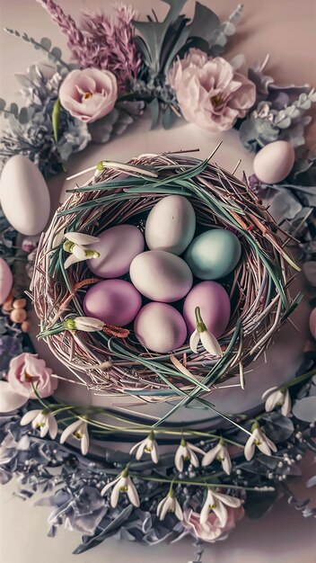 Um ninho de ovos com um ninho de flores no meio