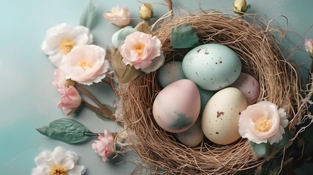Um ninho de ovos de páscoa com flores e um ovo pintado de azul e rosa.
