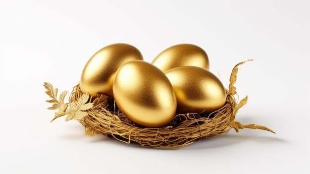 Foto um ninho de ovos dourados em fundo branco