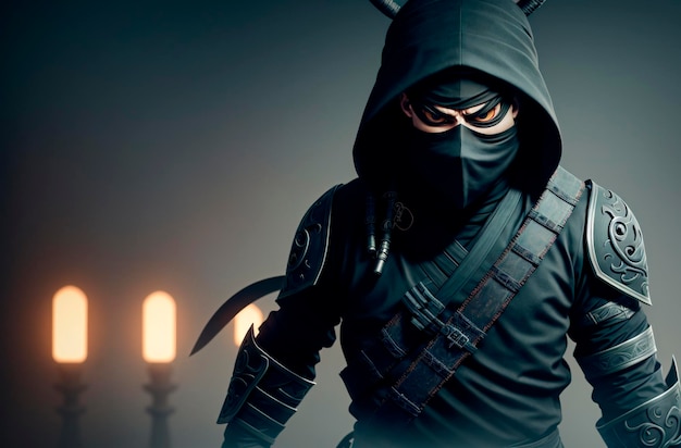 Um ninja masculino com uma máscara preta no rosto cobrindo o rosto Generative AI