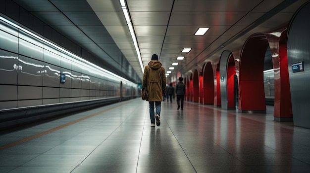 Um no metro a atravessar uma pessoa a caminhar sozinha.