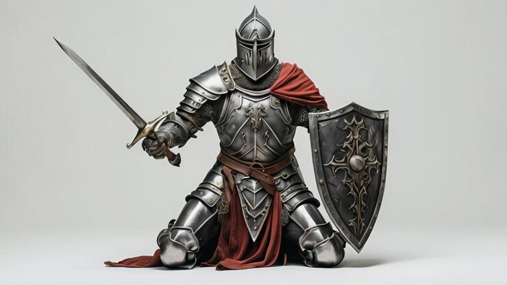 Um nobre cavaleiro ajoelha-se em solene reflexão vestido com uma armadura ornamentada com uma espada e um escudo esta poderosa imagem captura a essência da honra força e cavalheirismo medieval