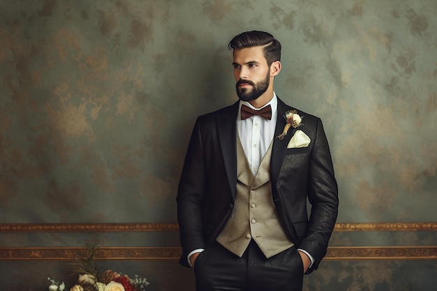 Um noivo bem vestido em um terno preto formal posa com confiança