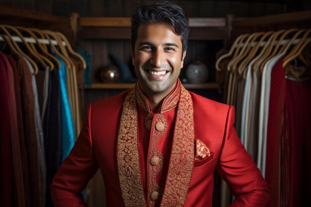 um noivo indiano vestindo uma roupa tradicional do noivo sorrindo no fundo do estilo bokeh da câmera