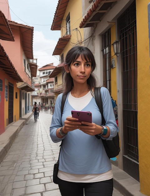 Um nômade digital com seu celular explorando as ruas de uma cidade latino-americana