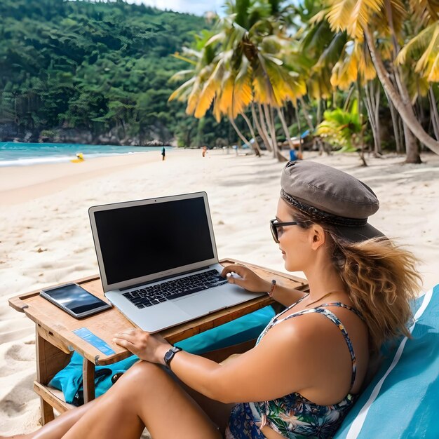 Um nômade digital sentado numa praia pitoresca com um portátil na mão a trabalhar na areia quente.