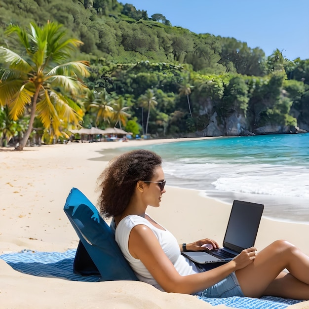 Um nômade digital sentado numa praia pitoresca com um portátil na mão a trabalhar na areia quente.