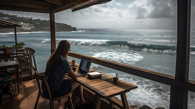 Um nômade digital trabalhando em um laptop em um café à beira-mar com uma vista deslumbrante do oceano ao fundo Generative Ai