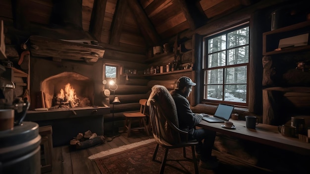 Um nômade digital trabalhando remotamente com laptop em uma cabana aconchegante na floresta com lareira e uma xícara de café desfrutando do ambiente tranquilo Generative Ai