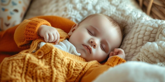 Um novo bebê dorme pacificamente em um berço trazendo alegria a uma família em seu dia especial