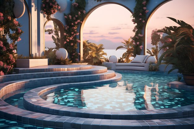 Um oásis de quintal com uma piscina infinita inspirada em Art Deco
