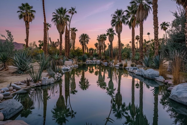 um oásis desértico com palmeiras e uma piscina tranquila de água refletindo o pôr-do-sol no horizonte distante