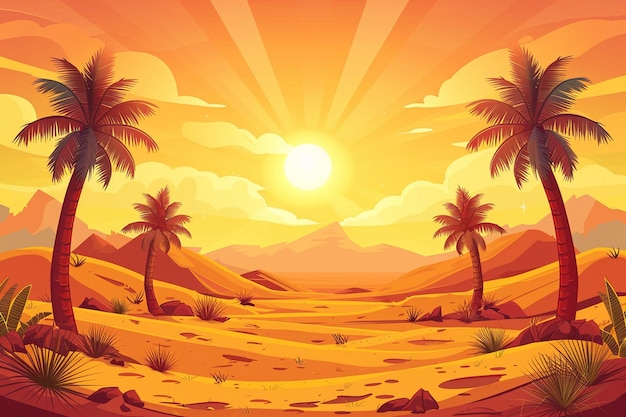 Um oásis desértico de sol estilo desenho animado ilustração vetorial fundo amarelo