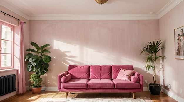Um oásis interior convidativo completo com um sofá rosa cercado por plantas exuberantes e banhado pela natureza