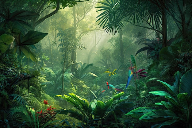 Um oásis natural Descubra a rica e exuberante selva tropical com aves exóticas e folhagem verde