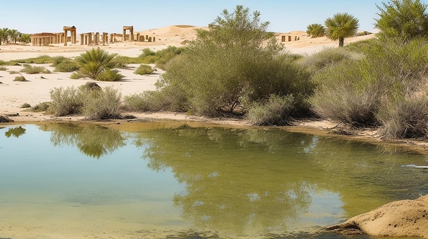 Um oásis tranquilo cercado por dunas de areia e ruínas antigas