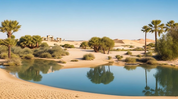 Um oásis tranquilo cercado por dunas de areia e ruínas antigas