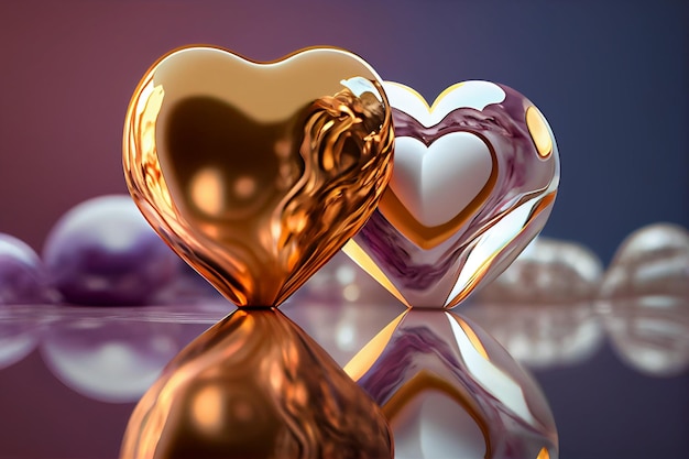 Um objeto em forma de coração está sobre uma mesa com fundo roxo.