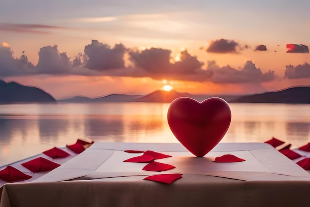 Um objeto em forma de coração está sobre uma mesa com um guardanapo em frente ao pôr do sol.