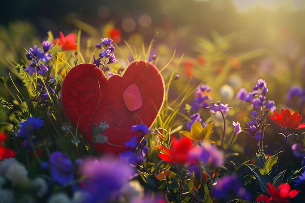 Foto um objeto em forma de coração no meio de um campo de flores