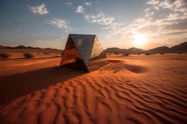 Um objeto em forma de pirâmide no deserto com o sol se pondo atrás dele