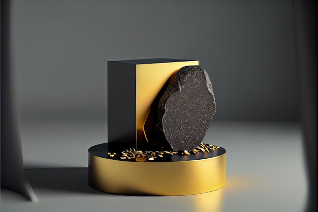 Um objeto preto e dourado com uma pedra preta nele