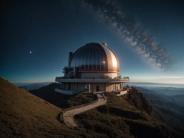 Foto um observatório colossal no topo de uma montanha flutuante, onde os astrônomos observam o nascimento das galáxias