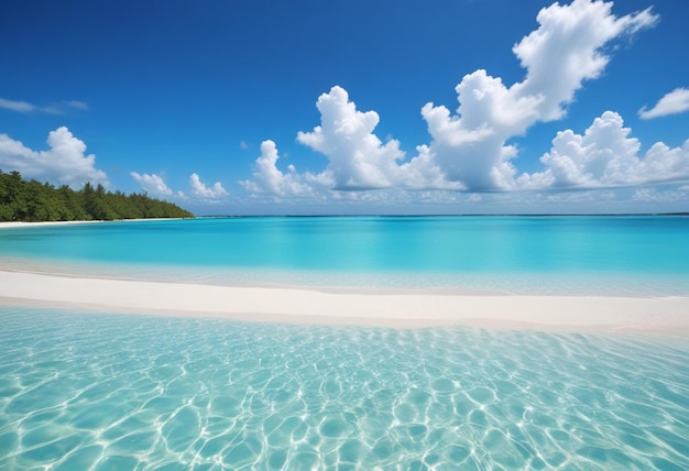 Foto um oceano azul claro com uma praia de areia e uma praia de arenito