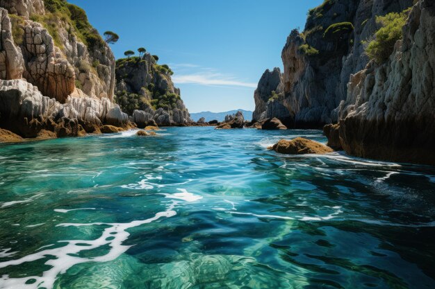 um oceano azul com formações rochosas brancas no mar turquesa